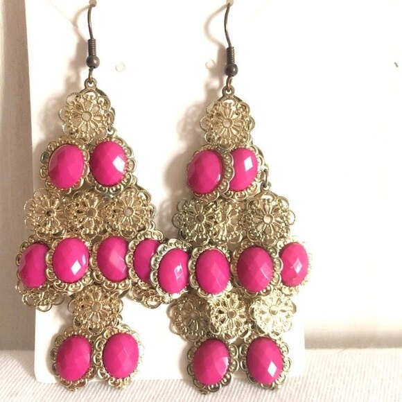 Cascadings Faceted Pink Filigree Gold Diamond Dangle Earrings - Picture 1 of 6